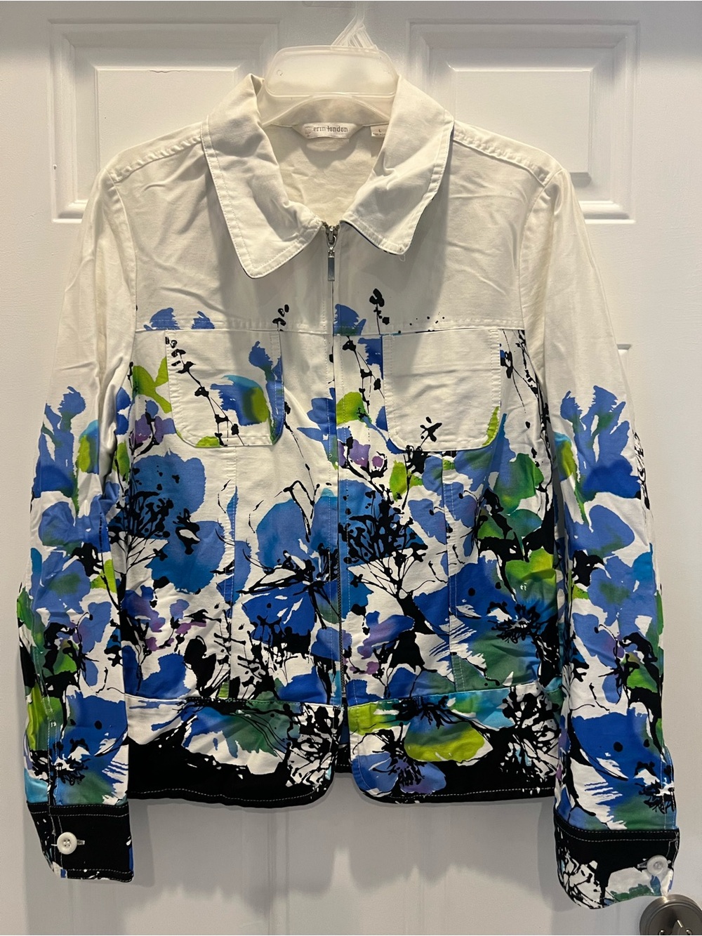 Erin London White Full Zip Up Floral Print Jacket Size L Long Sleeve Cotton 862